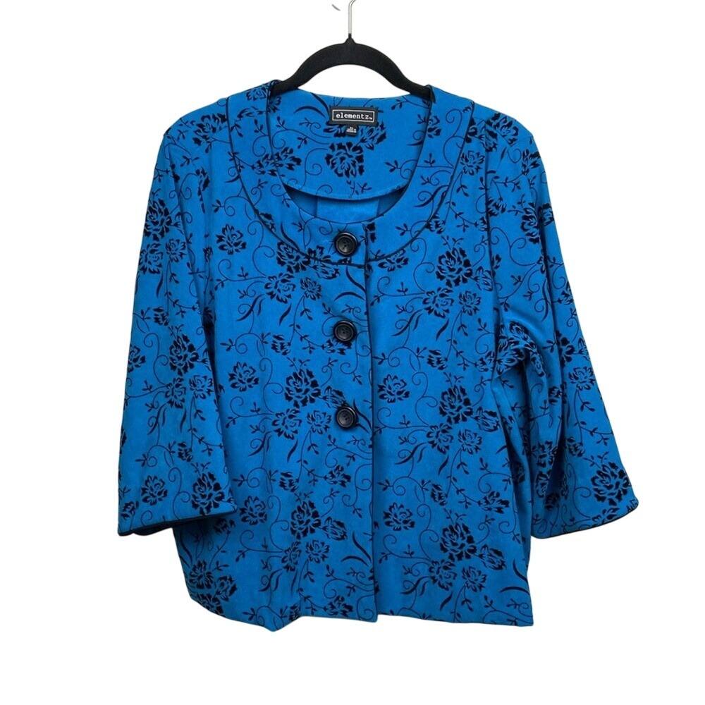 Elementz Blue Black Flocked Floral Damask Button Front Jacket XL Whimsigoth